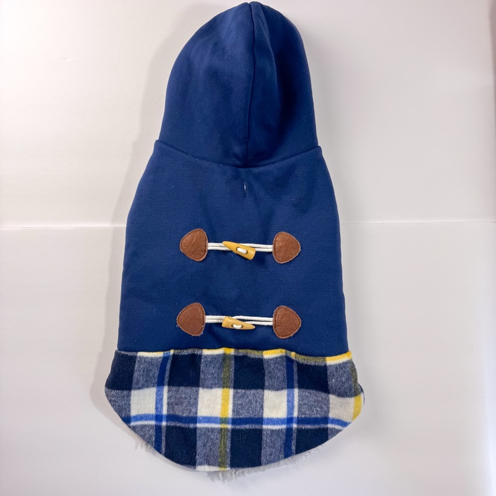 Blue Plaid Dog Hoodie Sherpa with Cute Toggle Buttons